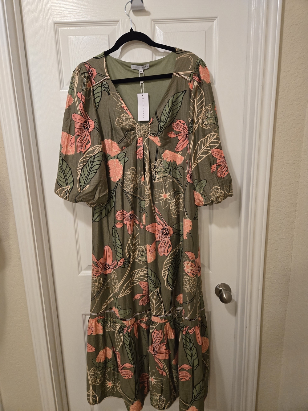 Baltic Born Olive Green Maxi Dress with Peach Floral Print